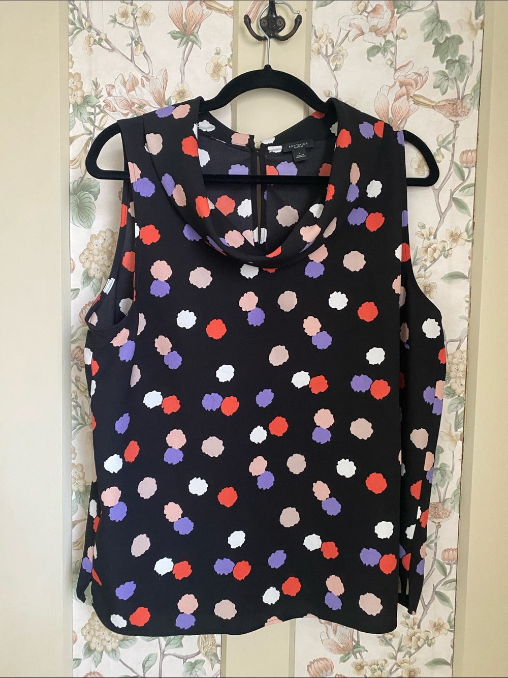 Ann Taylor  Sleeveless Cowl Neck Blouse
Black with Colorful Polka Dots Size L